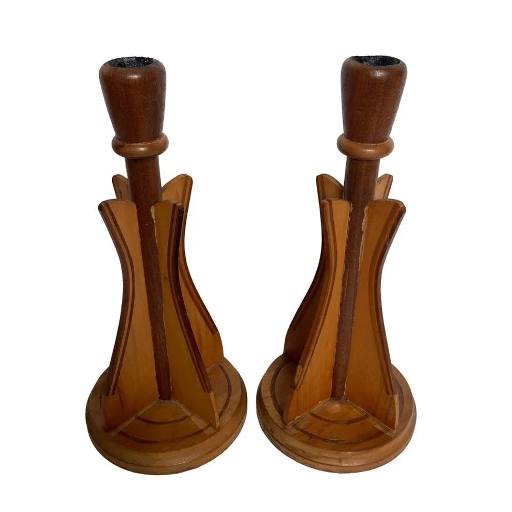 Pair Vintage Mid Century Wood Inlay Candle holders Scandinavian 10 inch